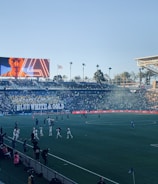 A large sports stadium filled with spectators. The field is occupied by soccer players, some walking and others scattered across the pitch. A massive screen displays a person, and flags fly on top of the stadium roof. The audience is dense, and the atmosphere seems lively with a visible banner showing 'BLUE WHITE & GOLD'.